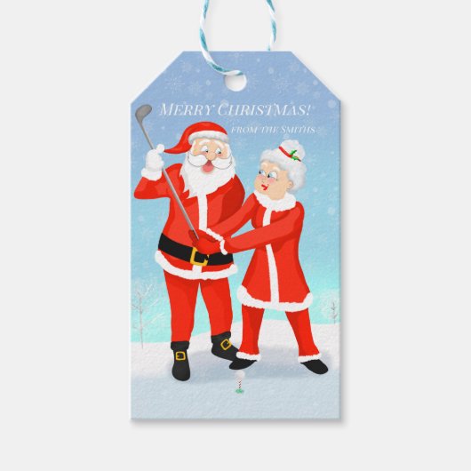 Kerstman en mevrouw Claus Golf Swing Cadeaulabel (Voorkant)