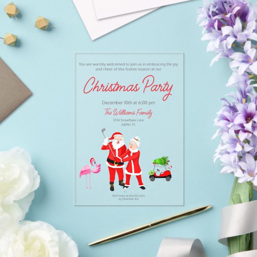 Kerstman en mevrouw Claus Golf Swing uitnodiging Acryl Uitnodigingen (Insitu (Huwelijk))