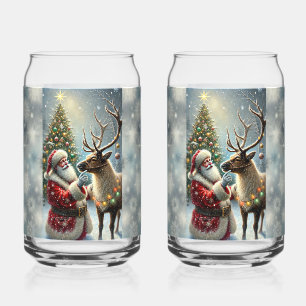 Kerstman en rendier, besneeuwd bos, kerstboom 8 blikvorm glas