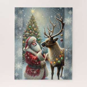 Kerstman en rendier, besneeuwd bos, kerstboom 8 legpuzzel