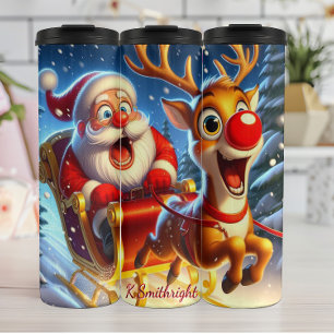 Kerstman en rendier in Sleigh Thermosbeker