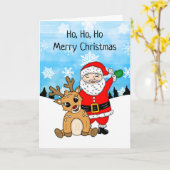 Kerstman en rendier kerstcartoon kaart (Gele Bloem)