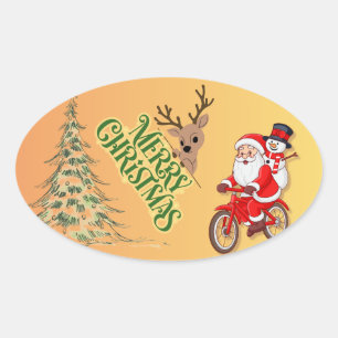 Kerstman en rendier Kerstmis Ovale Sticker