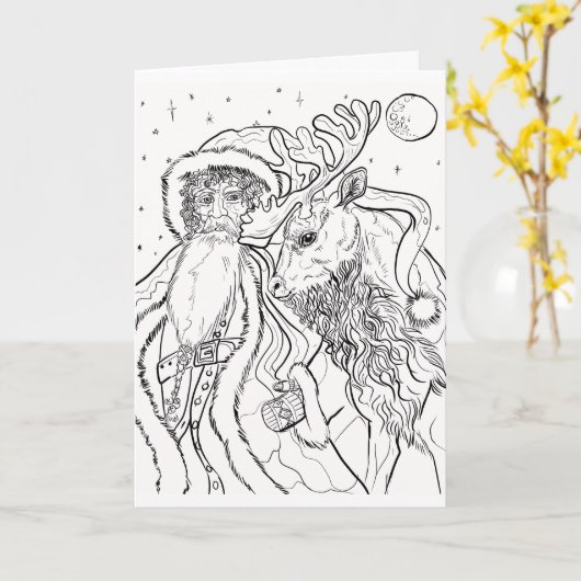 Kerstman en rendier kleuren uw eigen Kerstmis Kaart (Gele Bloem)