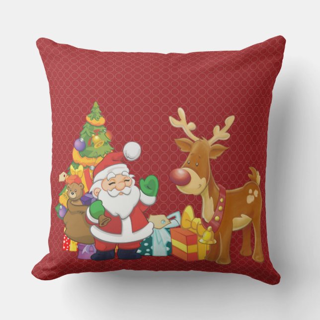 Kerstman en rendier met kerstboom met Cadeaus Kussen (Voorkant)