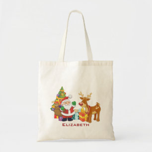 Kerstman en rendier met kerstboom met Cadeaus Tote Bag