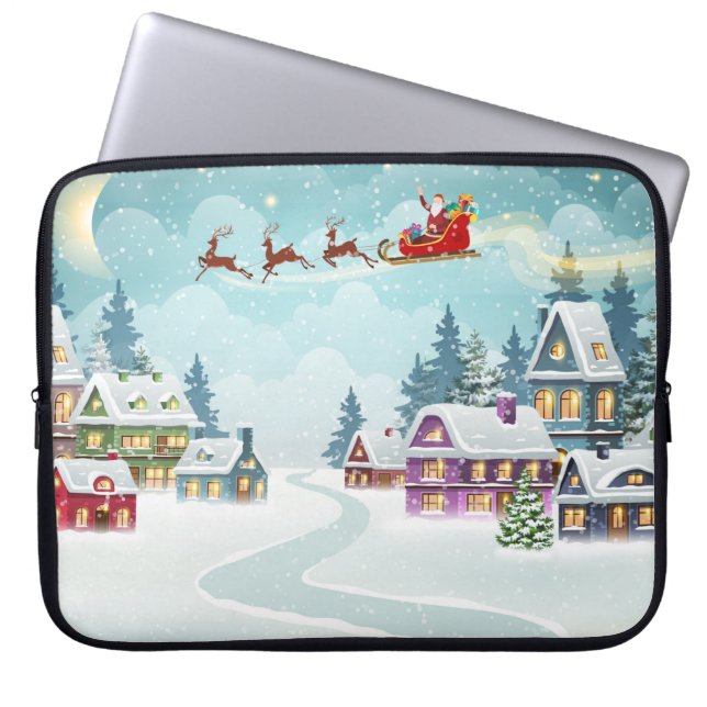 Kerstman en rendier op kerstachtergrond. Winter Laptop Sleeve (Voorkant)