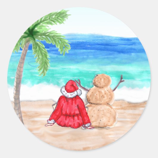 Kerstman en rendier op strand ronde sticker (Voorkant)