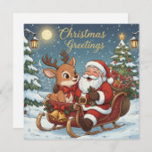 Kerstman en rendier slee feestdagenkaart (Voorkant / Achterkant)