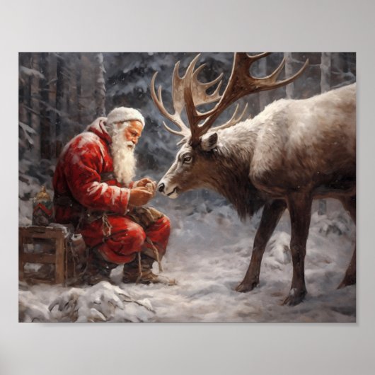 Kerstman en rendier Winter Art Print (Voorkant)