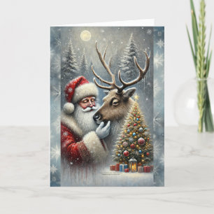 Kerstman en rendieren, besneeuwd bos, kerstboom 5 feestdagen kaart