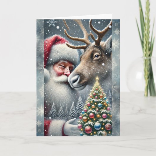 Kerstman en rendieren, besneeuwd bos, kerstboom 7 feestdagen kaart (Voorkant)