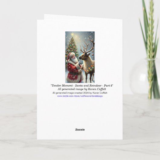 Kerstman en rendieren, besneeuwd bos, kerstboom 8 feestdagen kaart (Achterkant)