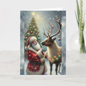 Kerstman en rendieren, besneeuwd bos, kerstboom 8 feestdagen kaart (Voorkant)