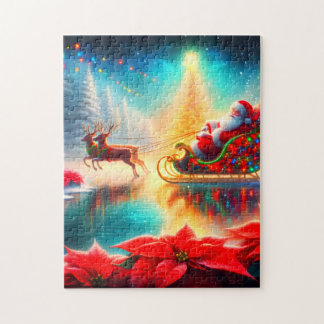 Kerstman en rendieren op een bevroren vijver in zi legpuzzel