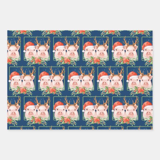Kerstman en rendieren varkens inpakpapier vel (Voorkant)