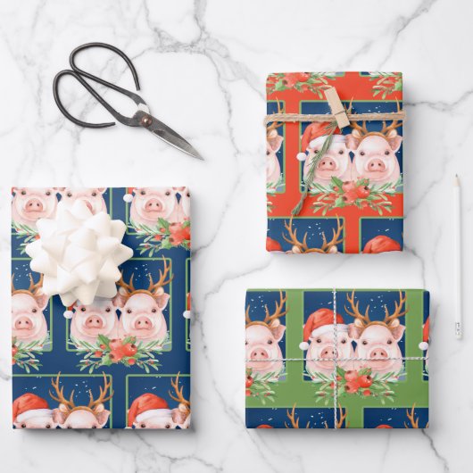 Kerstman en rendieren varkens inpakpapier vel (Voorkant)