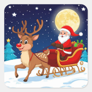 Kerstman en rendieren vliegen door besneeuwde maan vierkante sticker