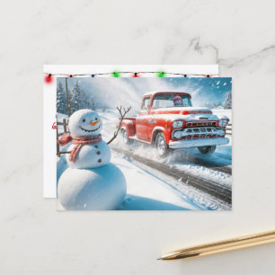 Kerstman en rode retro truck feestdagenkaart