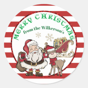 Kerstman en Rudolph Candy Cane Kerstmis Ronde Sticker