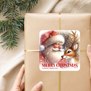 Kerstman en Rudolph op maat gemaakte kerstfeest ca Vierkante Sticker