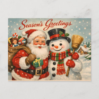 Kerstman en sneeuwman in vintage stijl briefkaart