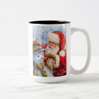 Kerstman en sneeuwman tweekleurige koffiemok