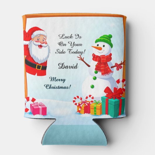 Kerstman en sneeuwman vieren kerst blikjeskoeler (Achterkant)