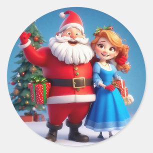 Kerstman en Sneeuwmeisje vieren Kerstmis Ronde Sticker