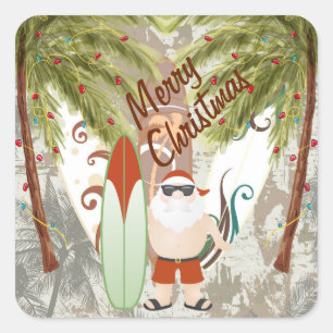 Kerstman en surfplank Vrolijk kerststrand Vierkante Sticker
