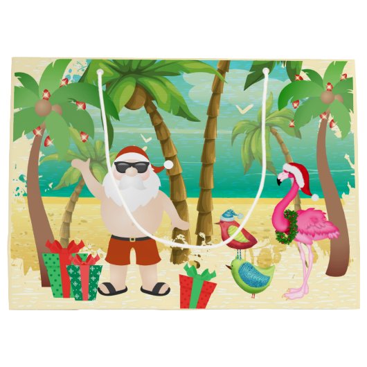Kerstman en tropische vogels met kerstmis groot cadeauzakje (Achterkant)