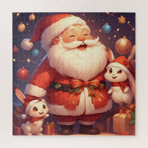 Kerstman en twee vrolijke konijnen legpuzzel
