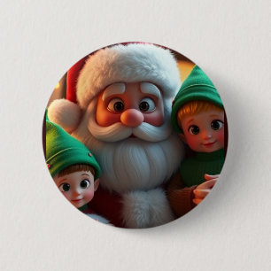 Kerstman en zijn elfen ronde button 5,7 cm
