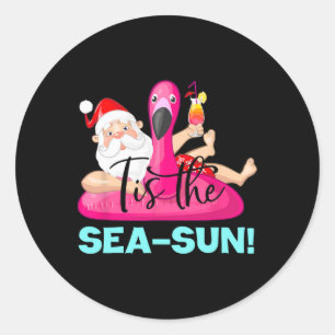 Kerstman Flamingo Float Tis De Zee-zon Kerstmis Ronde Sticker