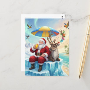 Kerstman geniet van een biertje op vakantie op een briefkaart