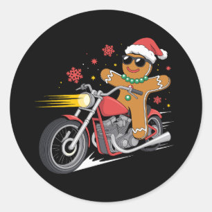 Kerstman Gingerbread Man Motorfiets Biker Kerstman Ronde Sticker