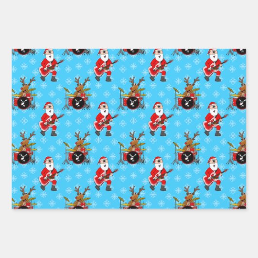 Kerstman Gitaar Rudolf Drums Patroon Inpakpapier Vel (Voorkant)