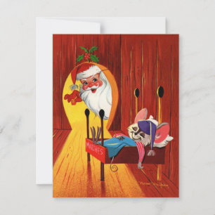 Kerstman gluurt door muizenhol Vintage Kerstmis Feestdagenkaart