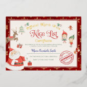 Kerstman Goede Lijst Certificaat Folie Uitnodiging (Voorkant)