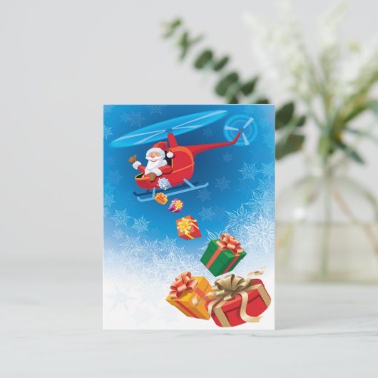 Kerstman Gooien Geschenken Van Helikopter Grappig Feestdagenkaart (Staand voorkant)