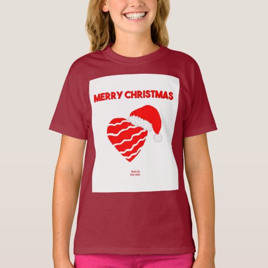 Kerstman Hart Meisjes Maroon Basic T Shirt (Voorkant)
