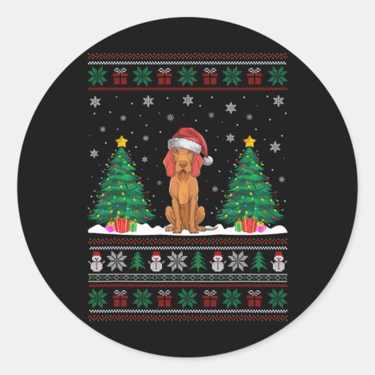 Kerstman Hat Vizsla Hond Kerstboom Lights Ugly Sw Ronde Sticker (Voorkant)