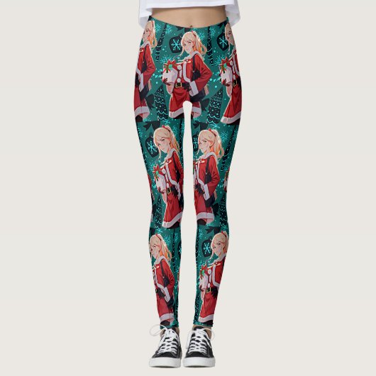 Kerstman Helper Kostuum Vrouwen Leggings (Voorkant)