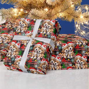 Kerstman hoed hond puppy ontwerp - Zwart Cadeaupapier