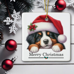 Kerstman Hoed Knipogende Bernese Berghond Puppy Ke Keramisch Ornament