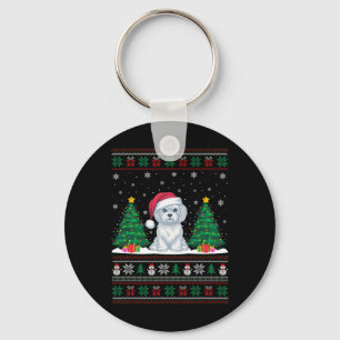 Kerstman Hoed Maltese hond Kerstboom Lights Ugly S Sleutelhanger