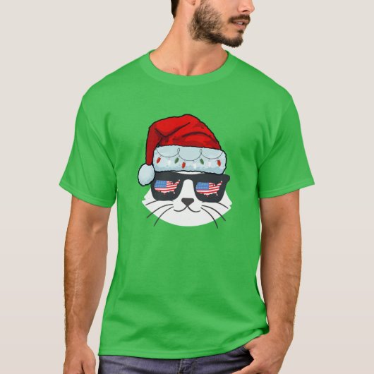 Kerstman hoed met kat gezicht VS vlag Spets T-shirt (Voorkant)