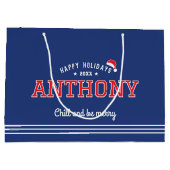 Kerstman Hoed Naam Typografie Marine Blauw Rood Groot Cadeauzakje (Achterkant)