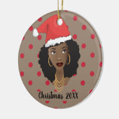 Kerstman hoed, zwarte vrouw, rode Stippen, bruin Keramisch Ornament (Links)