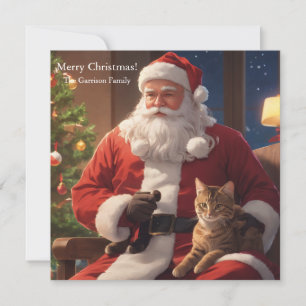 Kerstman houdt een kat vast feestdagenkaart